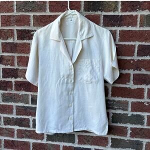 Vintage Cricketeer White 100% Linen Button Front Short Sleeve Blouse Womens 8